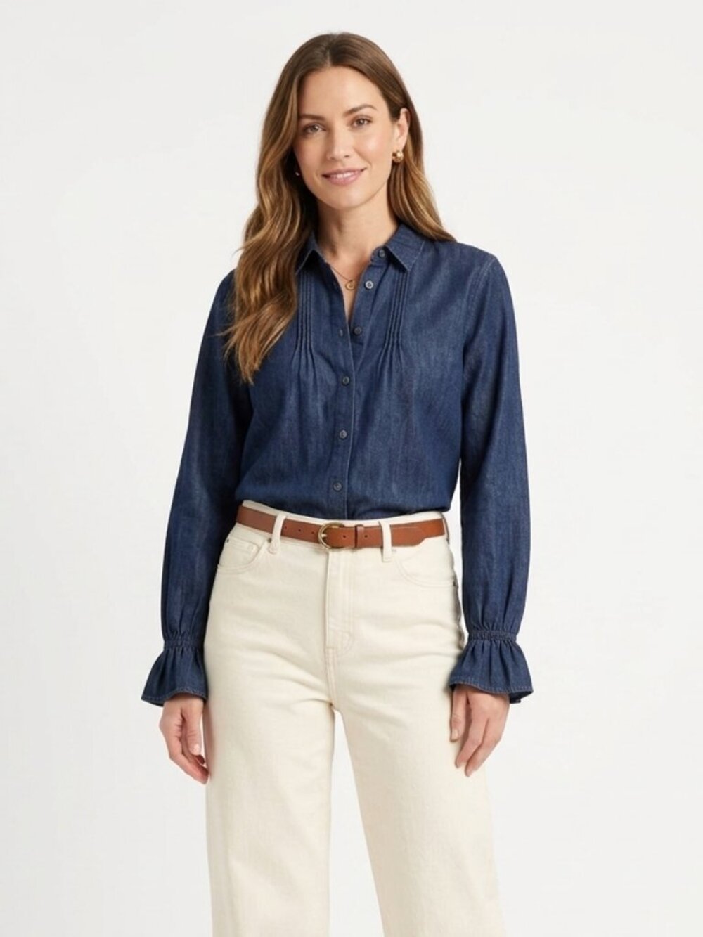 MOS MOSH DENIM DARK WASH BELL SLEEVE BUTTON DOWN SHIRT